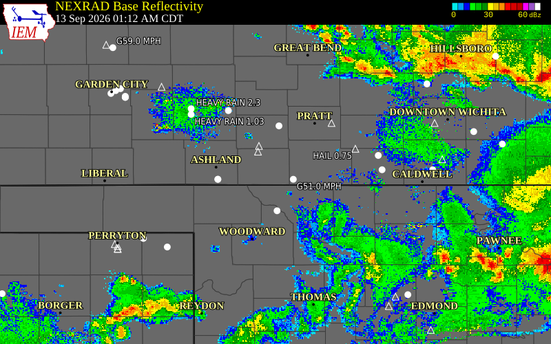 Current NEXRAD radar over Barber County, Kansas with recent storm report locations