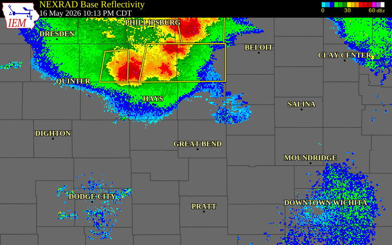 NEXRAD radar during the Saturday, May 16, 2026 storm activity in Barton County, Kansas