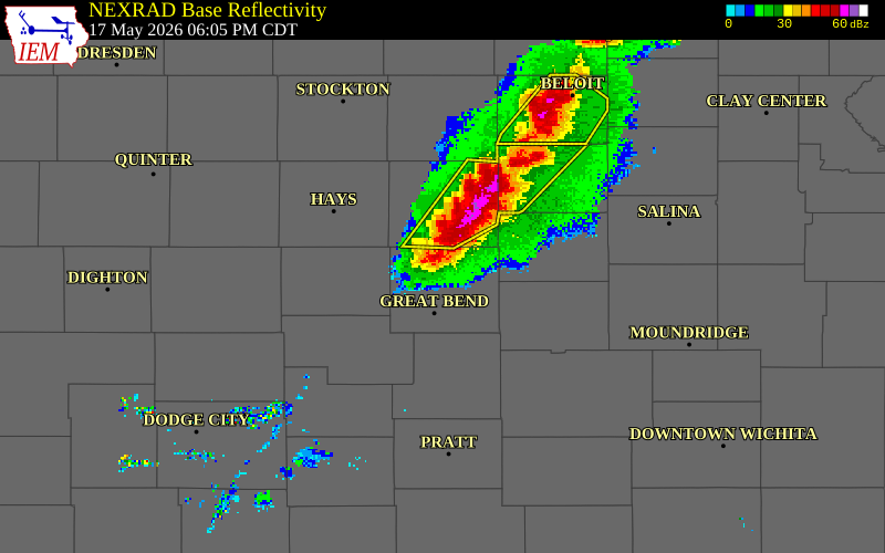 NEXRAD radar during the Sunday, May 17, 2026 storm activity in Barton County, Kansas