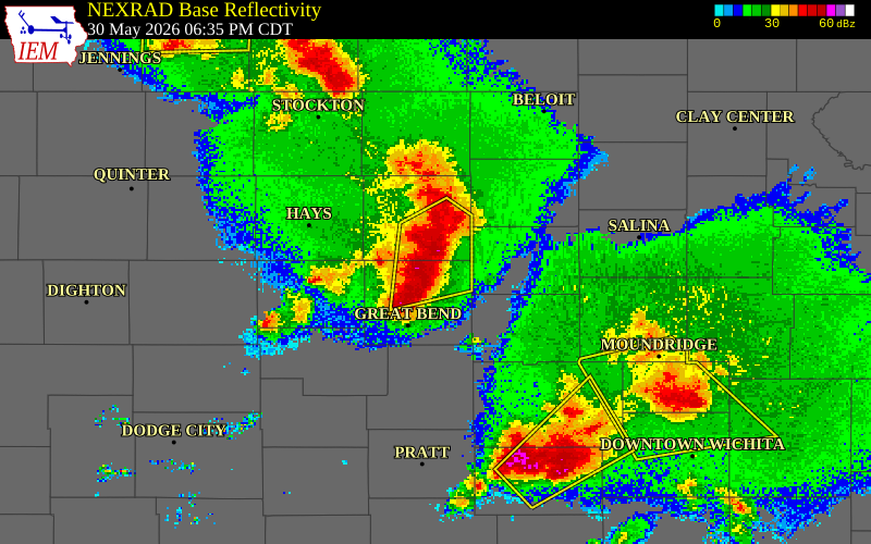NEXRAD radar during the Saturday, May 30, 2026 storm activity in Barton County, Kansas