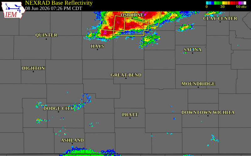 NEXRAD radar during the Monday, June 8, 2026 storm activity in Barton County, Kansas