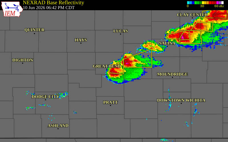 NEXRAD radar during the Wednesday, June 10, 2026 storm activity in Barton County, Kansas