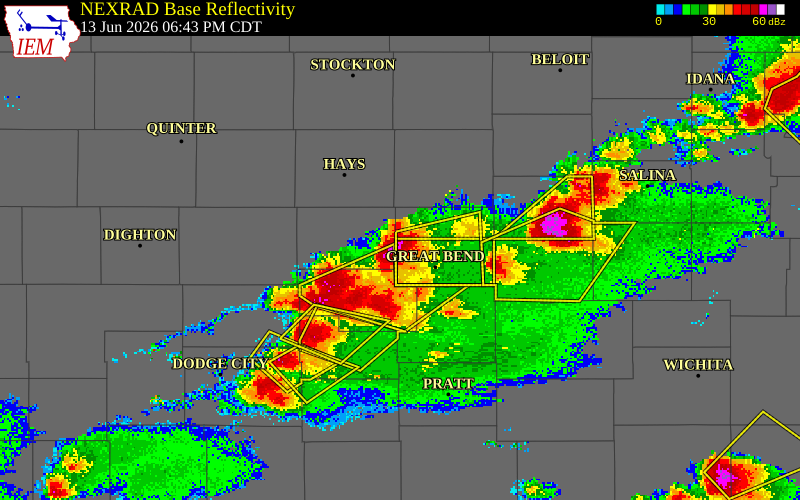 NEXRAD radar during the Saturday, June 13, 2026 storm activity in Barton County, Kansas