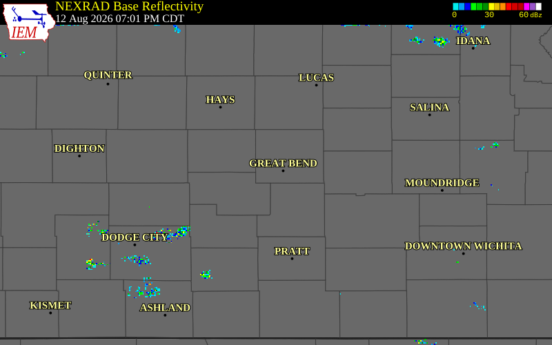 NEXRAD radar during the Wednesday, August 12, 2026 storm activity in Barton County, Kansas