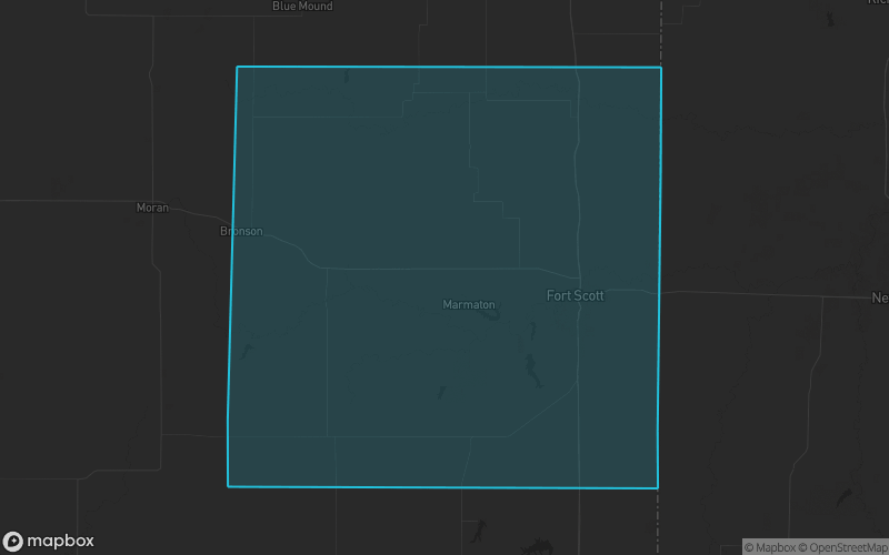 Map of Bourbon County, Kansas showing the county boundary and surrounding cities
