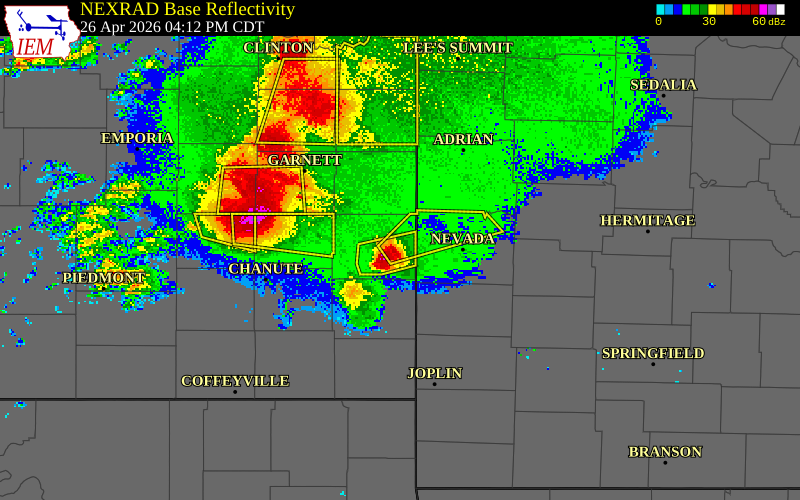 NEXRAD radar during the Sunday, April 26, 2026 storm activity in Bourbon County, Kansas