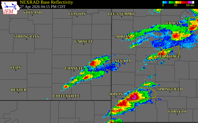 NEXRAD radar during the Monday, April 27, 2026 storm activity in Bourbon County, Kansas