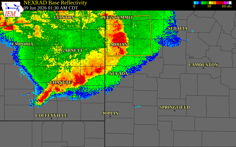 NEXRAD radar during the Tuesday, June 9, 2026 storm activity in Bourbon County, Kansas