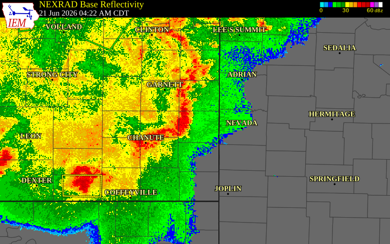 NEXRAD radar during the Sunday, June 21, 2026 storm activity in Bourbon County, Kansas