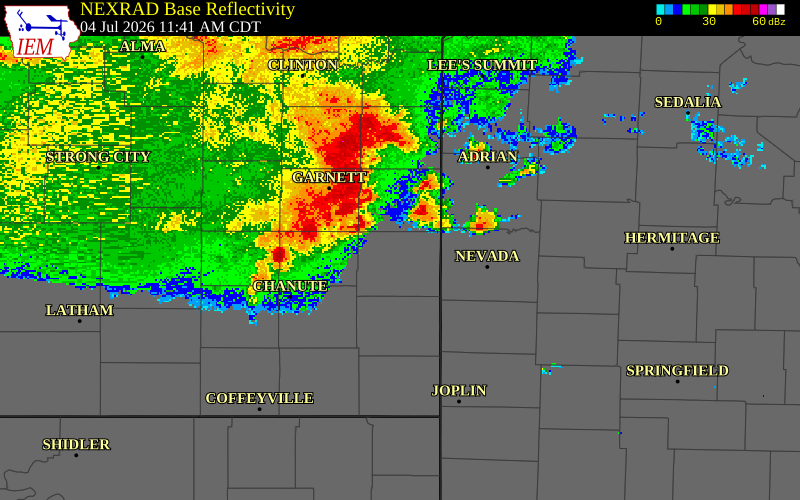 NEXRAD radar during the Saturday, July 4, 2026 storm activity in Bourbon County, Kansas