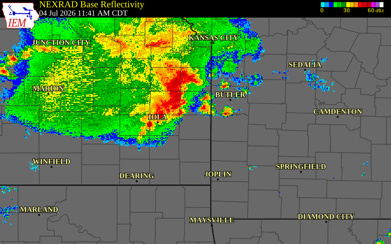 Radar snapshot during the Jul 4, 2026 wind event near Bourbon County, Bourbon County, Kansas, with NWS warning polygons