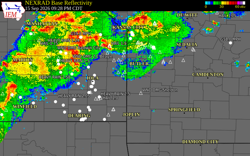Current NEXRAD radar over Bourbon County, Kansas with recent storm report locations