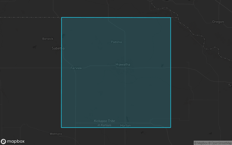 Map of Brown County, Kansas showing the county boundary and surrounding cities