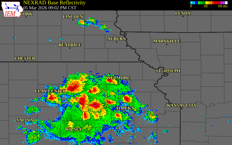 NEXRAD radar during the Thursday, March 5, 2026 storm activity in Brown County, Kansas
