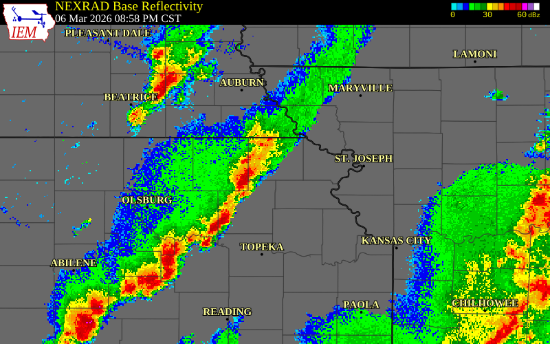 NEXRAD radar during the Friday, March 6, 2026 storm activity in Brown County, Kansas