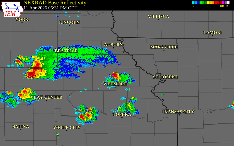 NEXRAD radar during the Saturday, April 11, 2026 storm activity in Brown County, Kansas