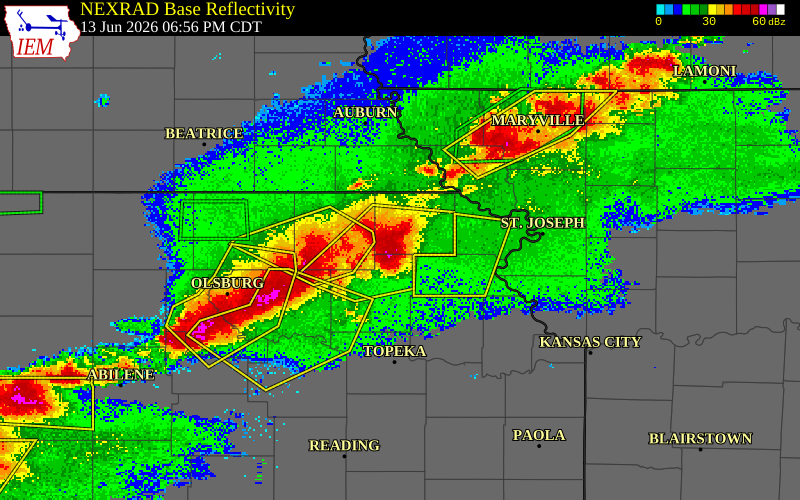 NEXRAD radar during the Saturday, June 13, 2026 storm activity in Brown County, Kansas