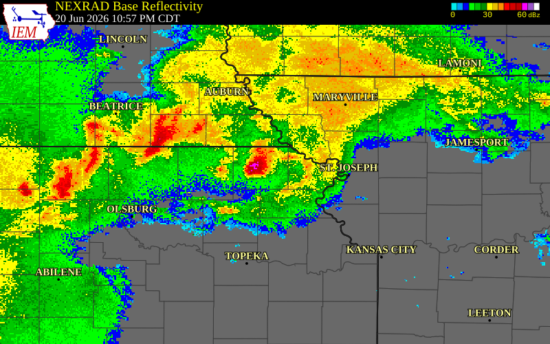 NEXRAD radar during the Saturday, June 20, 2026 storm activity in Brown County, Kansas