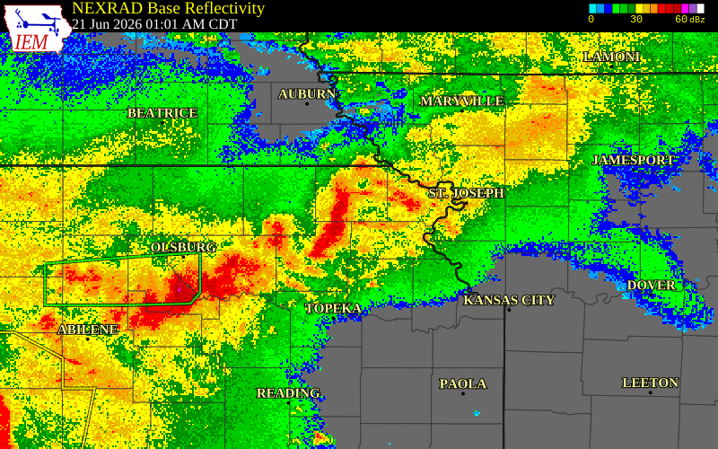 NEXRAD radar during the Sunday, June 21, 2026 storm activity in Brown County, Kansas