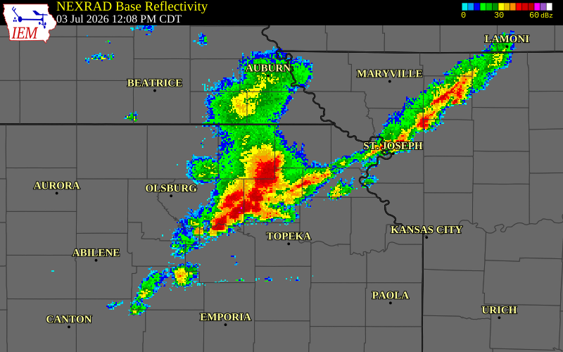 NEXRAD radar during the Friday, July 3, 2026 storm activity in Brown County, Kansas