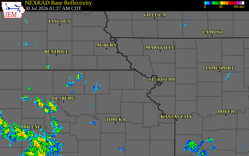 NEXRAD radar during the Thursday, July 30, 2026 storm activity in Brown County, Kansas