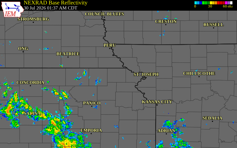 Radar snapshot during the Jul 30, 2026 wind event near 1 ENE Hiawatha, Brown County, Kansas, with NWS warning polygons
