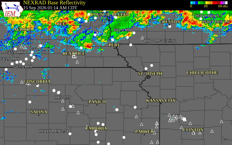 Current NEXRAD radar over Brown County, Kansas with recent storm report locations
