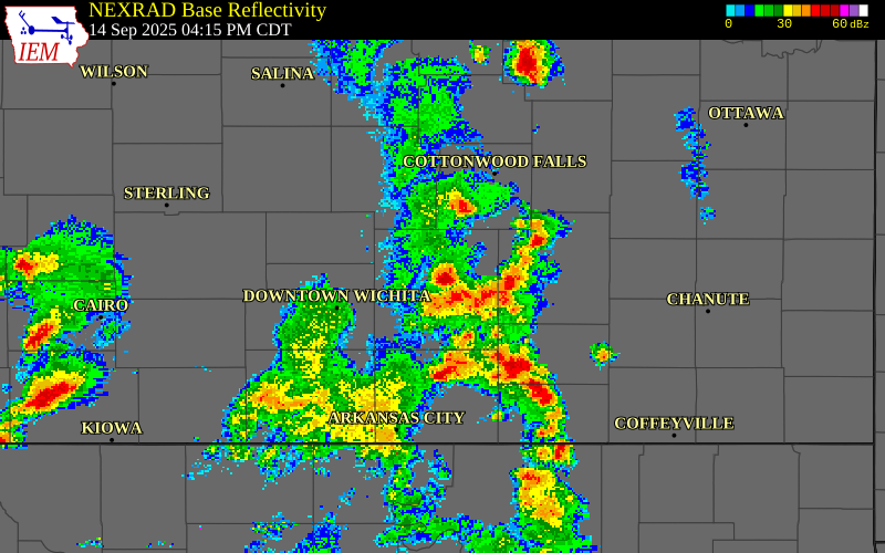 NEXRAD radar during the Sunday, September 14, 2025 storm activity in Butler County, Kansas