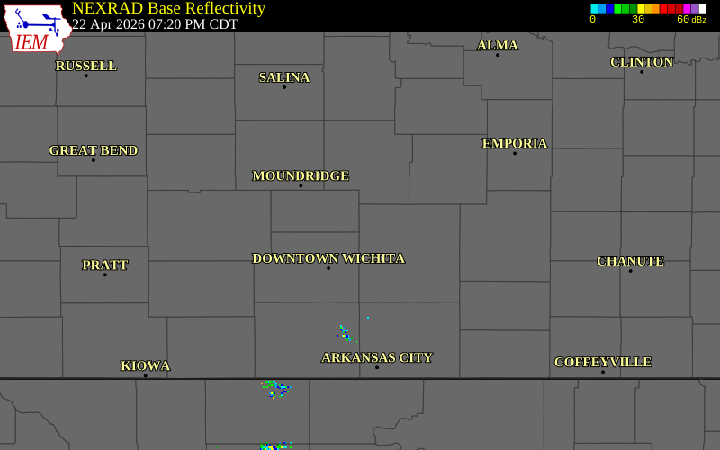 NEXRAD radar during the Wednesday, April 22, 2026 storm activity in Butler County, Kansas