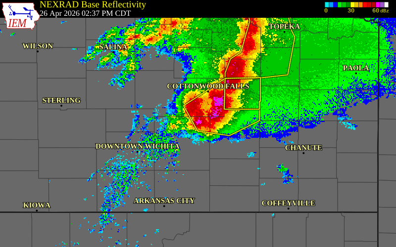 NEXRAD radar during the Sunday, April 26, 2026 storm activity in Butler County, Kansas