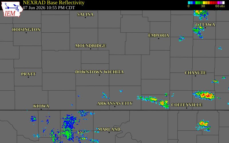 NEXRAD radar during the Sunday, June 7, 2026 storm activity in Butler County, Kansas