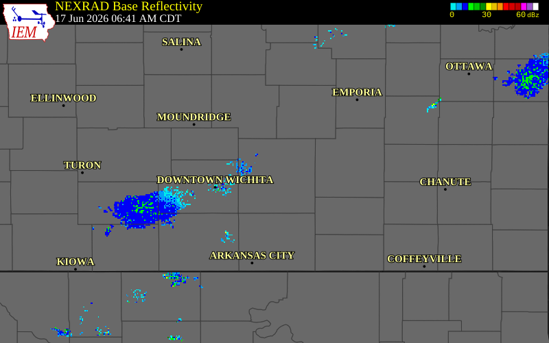 NEXRAD radar during the Wednesday, June 17, 2026 storm activity in Butler County, Kansas