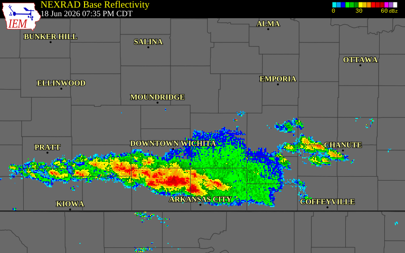 NEXRAD radar during the Thursday, June 18, 2026 storm activity in Butler County, Kansas