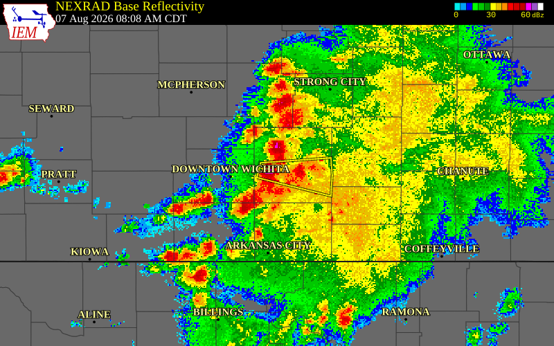NEXRAD radar during the Friday, August 7, 2026 storm activity in Butler County, Kansas