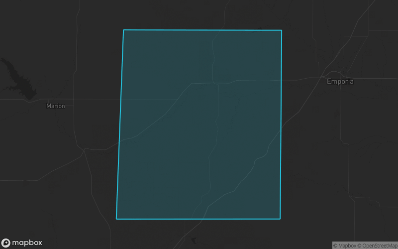 Map of Chase County, Kansas showing the county boundary and surrounding cities