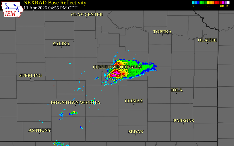 NEXRAD radar during the Monday, April 13, 2026 storm activity in Chase County, Kansas