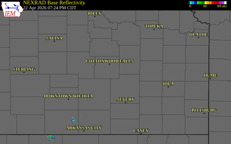 NEXRAD radar during the Wednesday, April 22, 2026 storm activity in Chase County, Kansas