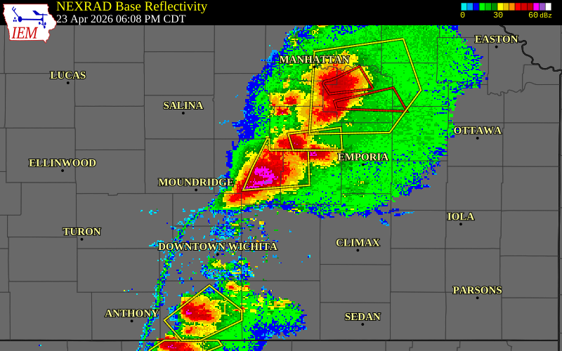 NEXRAD radar during the Thursday, April 23, 2026 storm activity in Chase County, Kansas