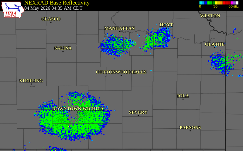 NEXRAD radar during the Monday, May 4, 2026 storm activity in Chase County, Kansas