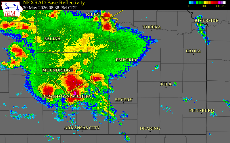 NEXRAD radar during the Saturday, May 30, 2026 storm activity in Chase County, Kansas