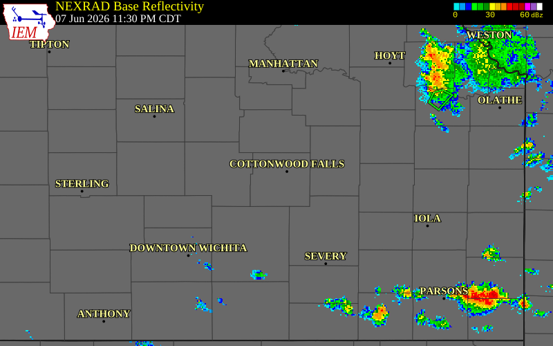 NEXRAD radar during the Sunday, June 7, 2026 storm activity in Chase County, Kansas