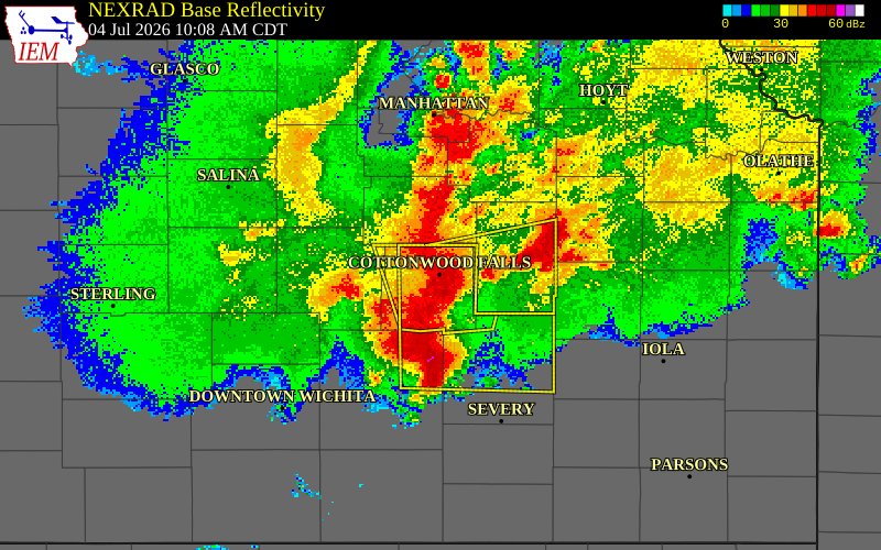 NEXRAD radar during the Saturday, July 4, 2026 storm activity in Chase County, Kansas