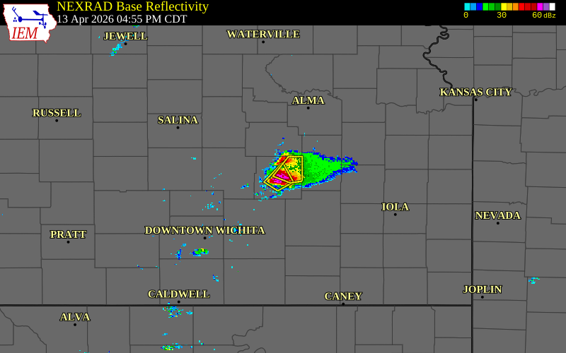 Radar snapshot during the Apr 13, 2026 hail event near 4 S Cottonwood Falls, Chase County, Kansas, with NWS warning polygons