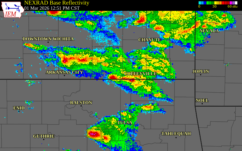 NEXRAD radar during the Sunday, March 1, 2026 storm activity in Chautauqua County, Kansas