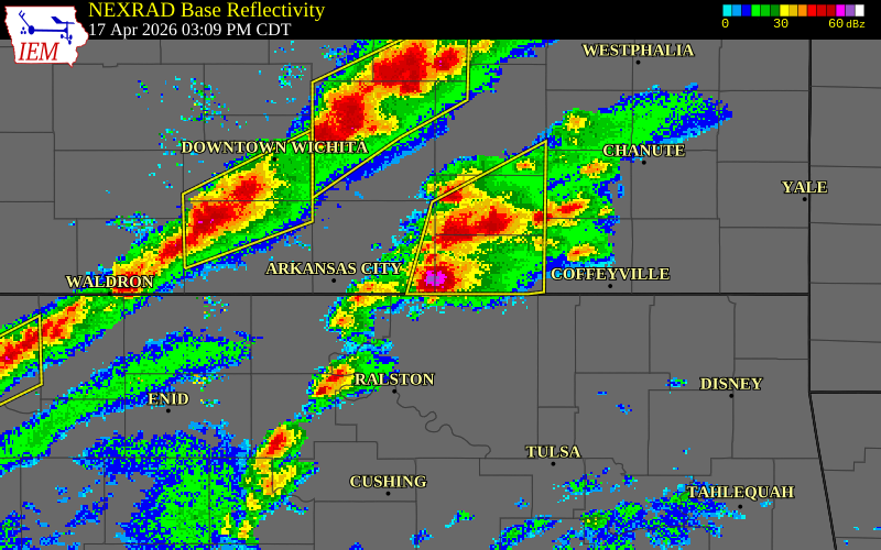 NEXRAD radar during the Friday, April 17, 2026 storm activity in Chautauqua County, Kansas