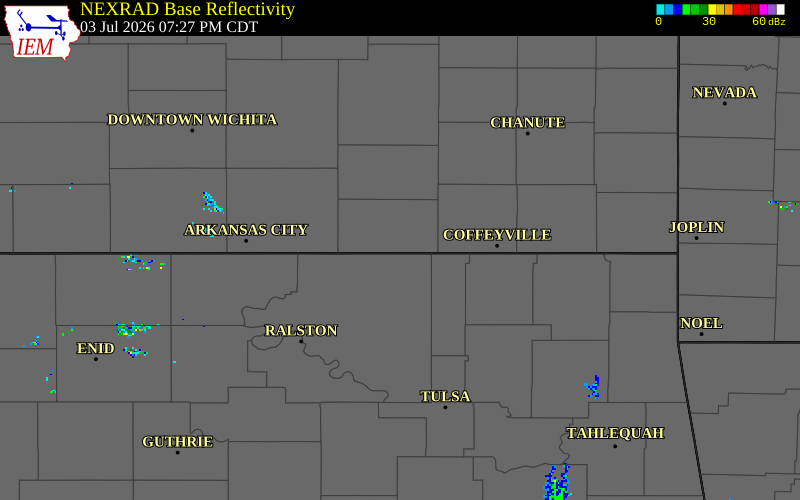NEXRAD radar during the Friday, July 3, 2026 storm activity in Chautauqua County, Kansas