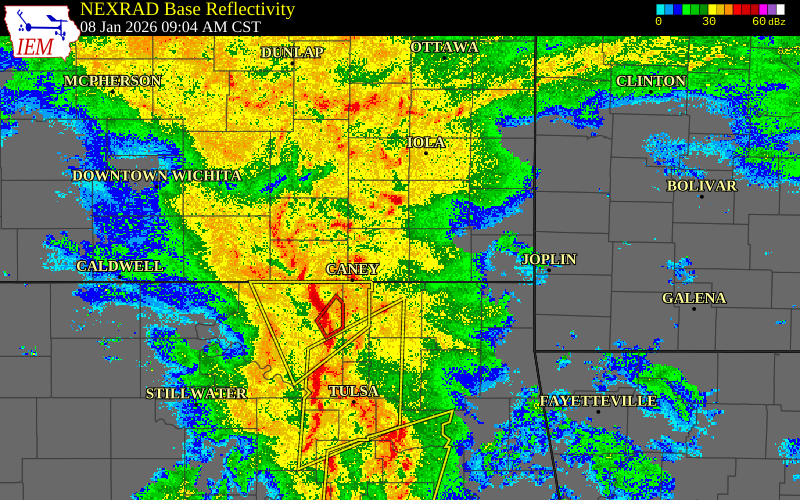 Radar snapshot during the Jan 8, 2026 wind event near Chautauqua County, Chautauqua County, Kansas, with NWS warning polygons