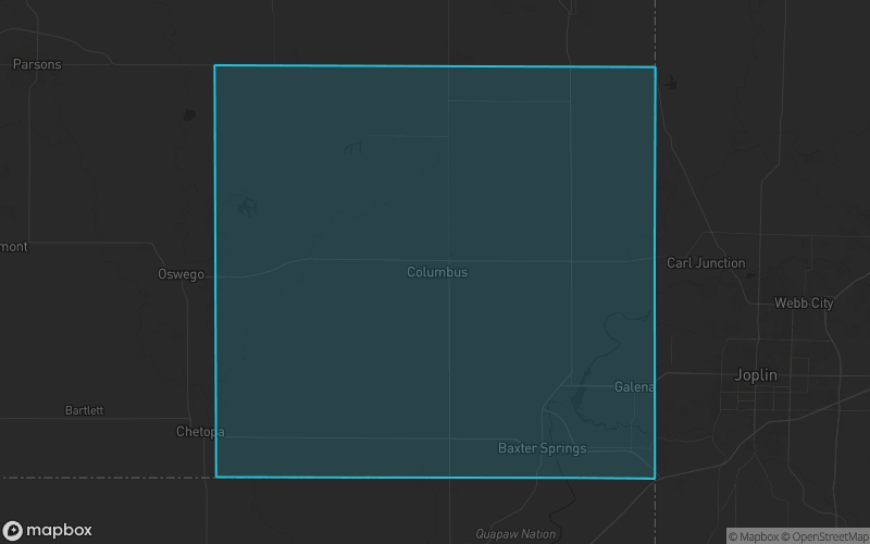 Map of Cherokee County, Kansas showing the county boundary and surrounding cities