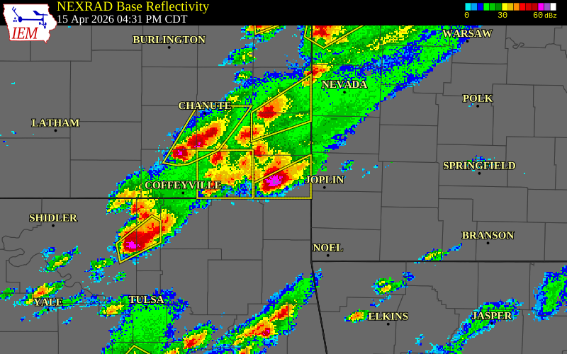 NEXRAD radar during the Wednesday, April 15, 2026 storm activity in Cherokee County, Kansas