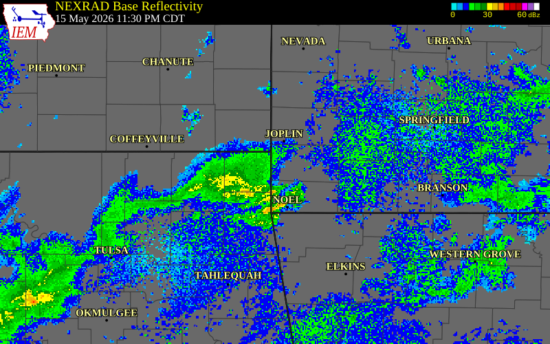 NEXRAD radar during the Friday, May 15, 2026 storm activity in Cherokee County, Kansas
